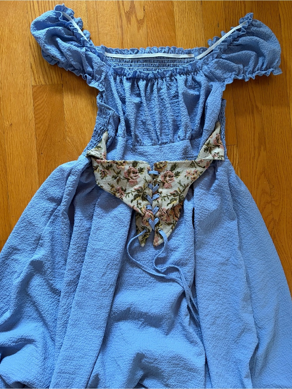 Women’s Blue Cottagecore Dress with Floral Corset Waist Size Large